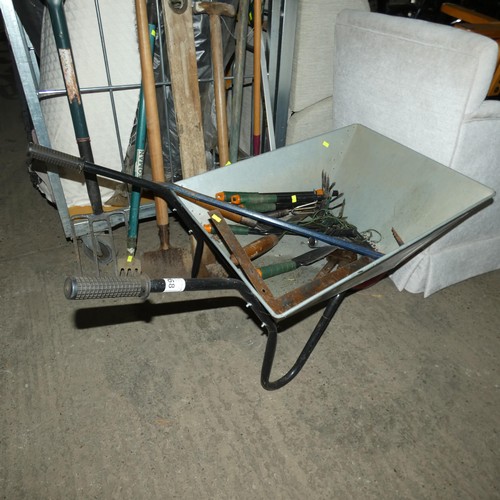 2068 - 1 wheel barrow and a quantity of various hand tools including a fork, a rake, a pry bar etc