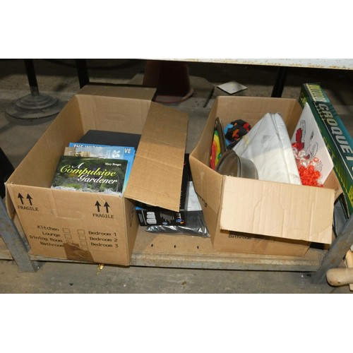 2118 - A quantity of various household items including books, framed prints, a metal Buddha head, dominos, ... 