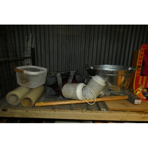 2193 - A quantity of various items including a puppet show set, a sledge hammer, a bag of grout, a metal ba... 