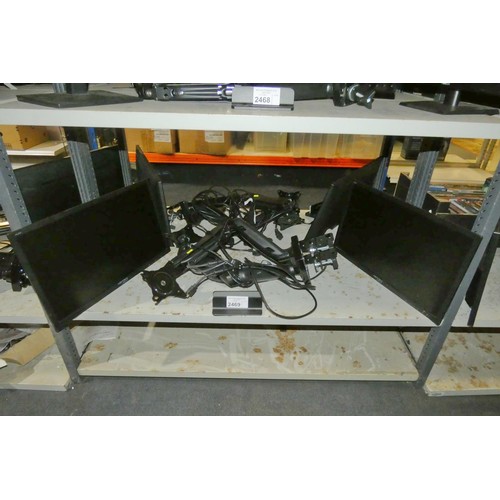 2469 - 2 x 22 inch Hannspree monitors, a laptop holder and a desk mounted 2 monitor stand - trade  TESTED W... 