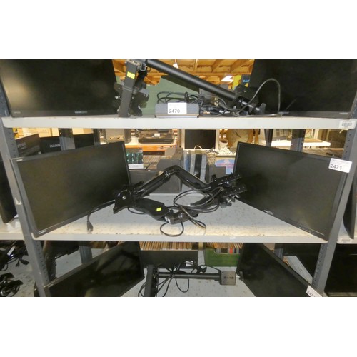 2471 - 2 x 22 inch Hannspree monitors and a desk mounted 2 monitor stand - trade  TESTED WORKING