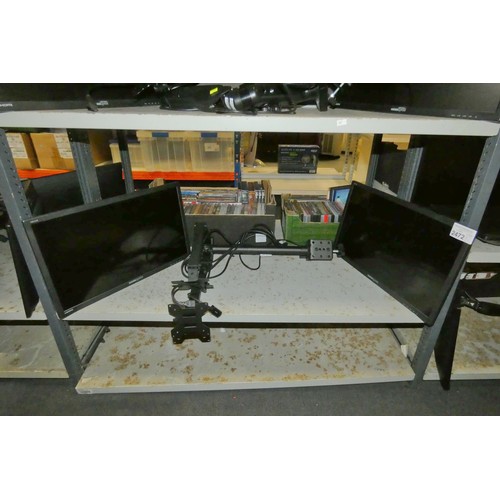 2472 - 2 x 22 inch Hannspree monitors and a desk mounted 2 monitor stand - trade  TESTED WORKING