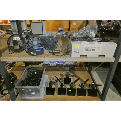 2595 - A quantity of various office related items including small fans , cables & 6 plantronics headsets & ... 