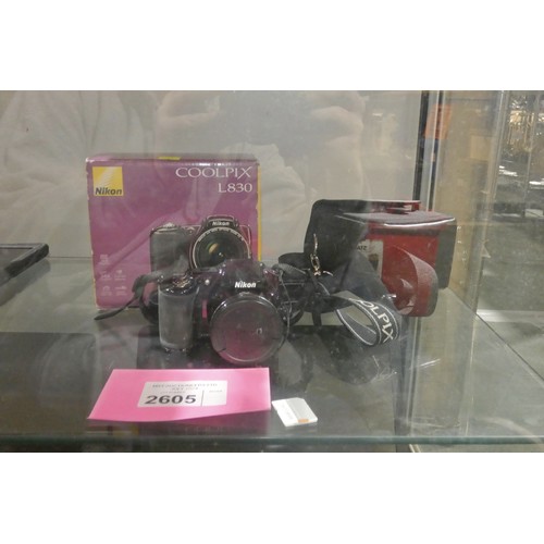 2605 - A digital camera by Nikon type Coolpix L830 with case and 64gb micro SD card and SD converter, sadly... 