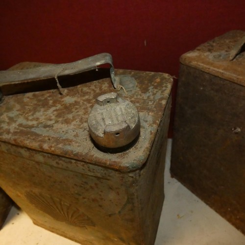 3008 - 3 vintage petrol cans, a vintage vehicle foot pump with wooden box and a vehicle bonnet horse mascot