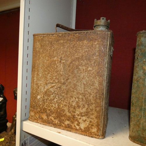 3008 - 3 vintage petrol cans, a vintage vehicle foot pump with wooden box and a vehicle bonnet horse mascot