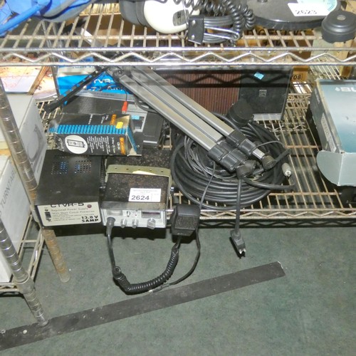 2624 - A quantity of various electronic related items including a Cobra CB radio, power supply, tripod, vin... 