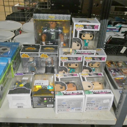 2663 - 10 various Funko collectibles including a premium Rusell Wilson figure, Squid Game Funko Pops, Rock ... 