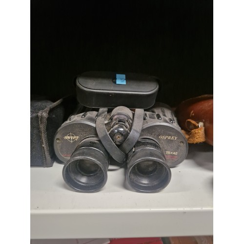 3073 - Three pairs of vintage binoculars and a small telescope including a set of Swift Osprey 7.5 x 42 bin... 