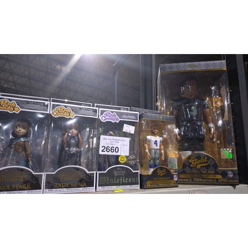 2660 - 7 x Funko collectibles including Rock Candy exclusives, oversized Halo Funko Pop and a premium Russe... 