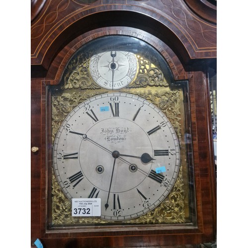 3732 - A 19th century marquetry inlaid mahogany cased grandfather clock with swan neck cresting and side co... 