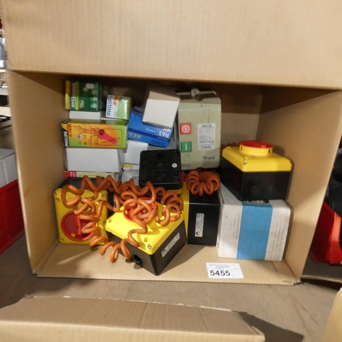 5455 - 1 box containing a quantity of various electrical items including switches, an extension lead, light... 