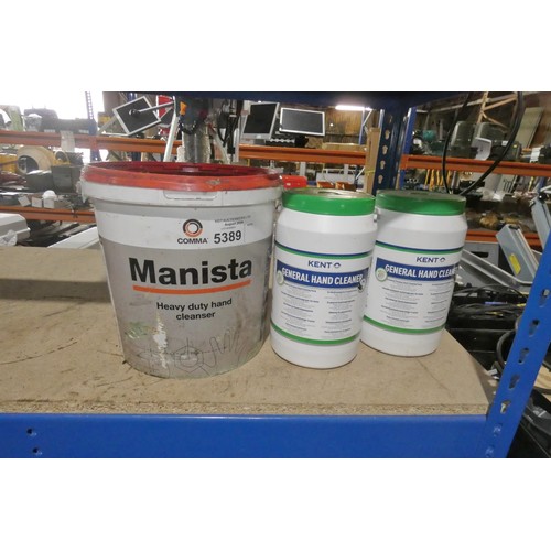 5389 - 2 x 3L tubs of Kent general hand cleaner and 1 x 10L tub of Manista hand cleaner (part used)