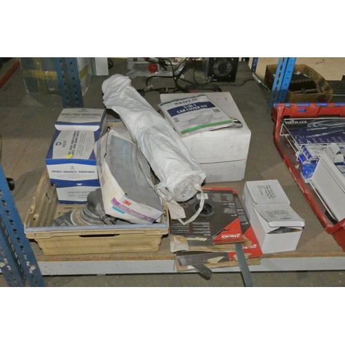 5467 - A quantity of various auto paint related items including abrasives, an air sander, car cover kits et... 