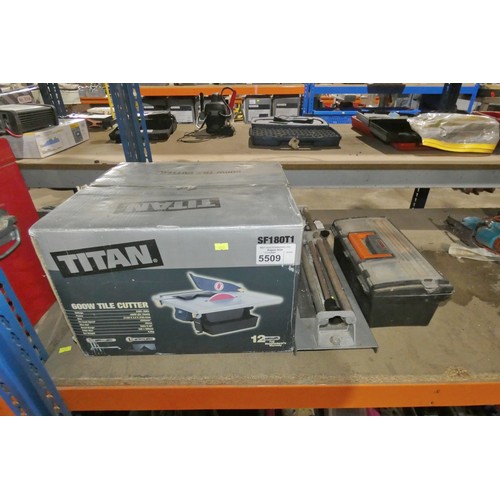 5509 - 1 x Titan tile cutter 240v, 1 x manual tile cutter and 1 x plastic tool box containing tile spacers,... 