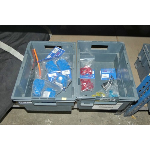 5671 - A quantity of mains surface mounted inlets and blade fuses. Contents of 2 grey plastic boxes which a... 