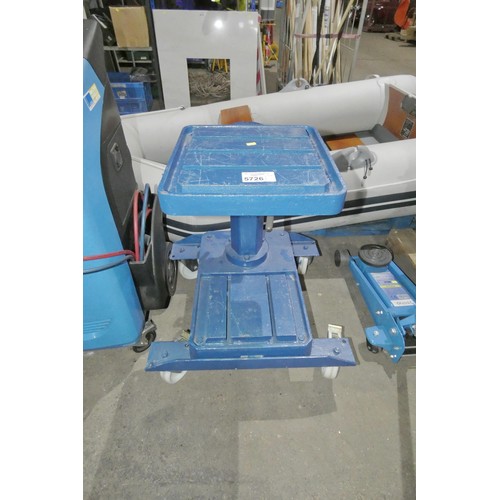 5726 - A blue painted cast metal pillar drill base on wheels