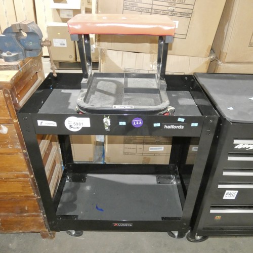 5981 - 1 x black metal workshop trolley approx 72 x 41 x 82cm high and 1 x Clarke mechanics mobile seat