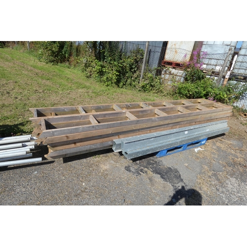 6315 - A quantity of wooden gable end ladders each approx 35 x 7 x 395cm long and 3 x metal lintels each ap... 