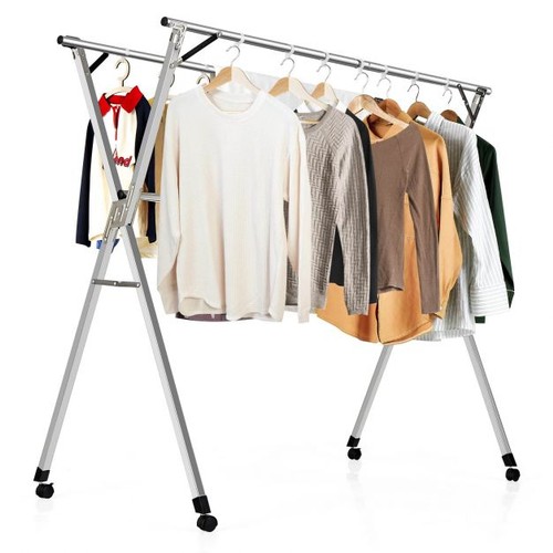 46 - 1 x folding clothes drying rack with hooks and wheels RRP £48