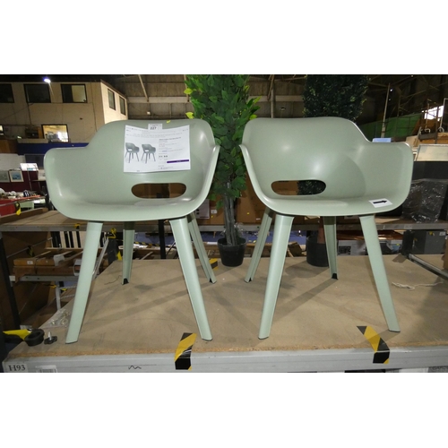 227 - 2 x Allibert Akola light green plastic outdoor chairs RRP £166