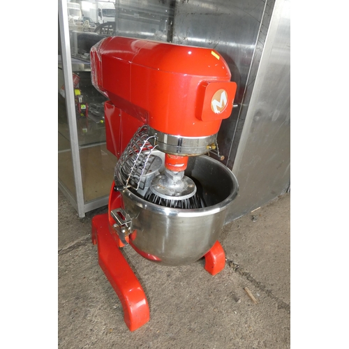 1021 - A commercial red Mastermix commercial food mixer type MM20 dated 2017, comes with bowl & 3 mixer att... 