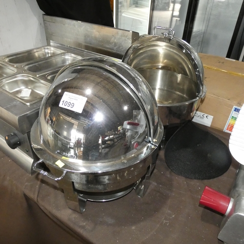 1099 - 2 x commercial stainless steel round chafing dishes with lids