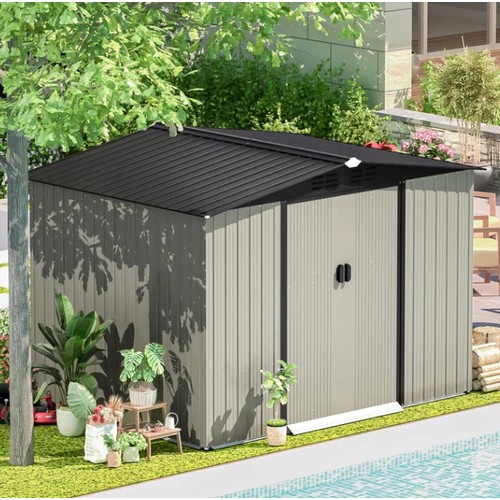 210 - A Bobi 8ft w x 6ft d galvanised steel steep slope garden shed RRP £256. Supplied in two boxes