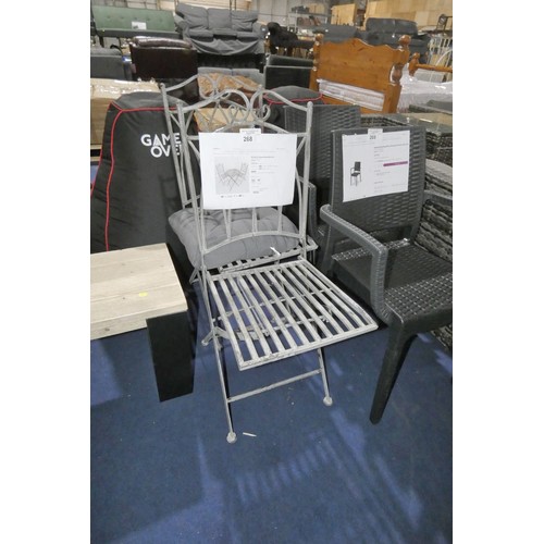 268 - 2 x Rochelle folding garden bistro chairs for with only one cushion and please note that no table is... 