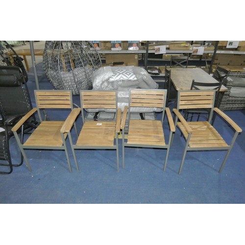 277 - 4 x metal framed stacking garden chairs with wooden slat backs / seats. Please note that one of the ... 