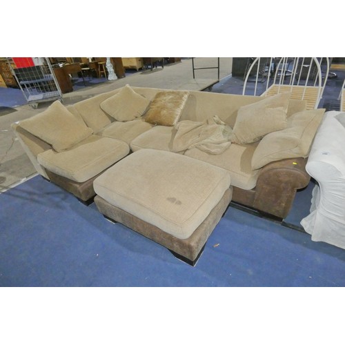 295 - A two tone brown upholstered three part corner sofa with matching foot stool approx 270 x 170cm. Ple... 