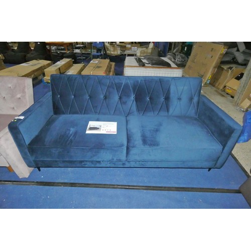 302 - 1 x Aticus three seater blue velvet upholstered click / clack type sofa bed RRP £499