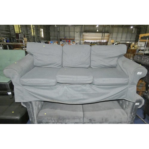 312 - 1 x grey upholstered three person sofa approx 215cm wide. Please note that this sofa is used and the... 