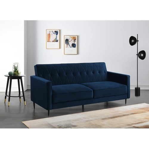 302 - 1 x Aticus three seater blue velvet upholstered click / clack type sofa bed RRP £499