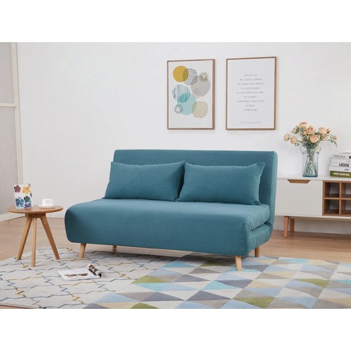 304 - 1 x Etelvina two seater teal upholstered click /clack type sofa bed RRP £429