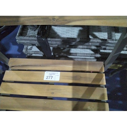 277 - 4 x metal framed stacking garden chairs with wooden slat backs / seats. Please note that one of the ... 