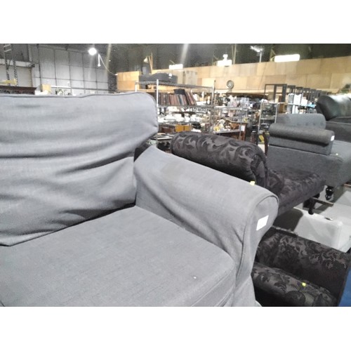 312 - 1 x grey upholstered three person sofa approx 215cm wide. Please note that this sofa is used and the... 