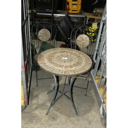 2071 - A garden bistro set comprising of 2 x chairs and 1 x small table diameter approx 60cm