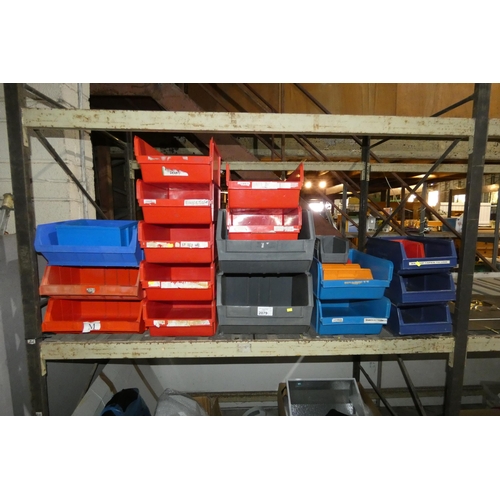 2079 - A quantity of various colour Lin type plastic parts storage boxes. Contents of 1 shelf