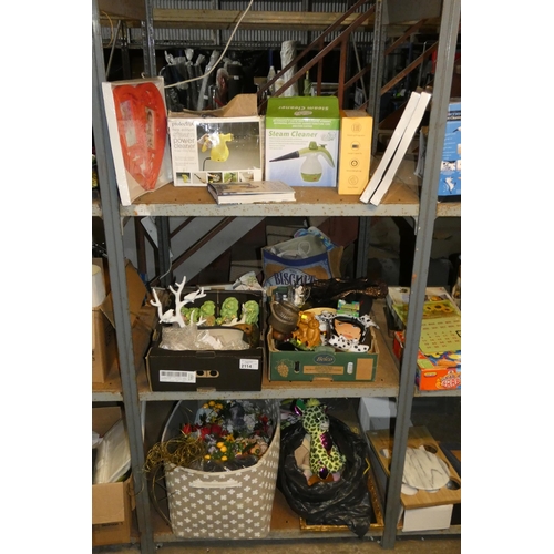 2114 - A quantity of various household items including 2 x domestic steam cleaners 240v, ornaments, artific... 