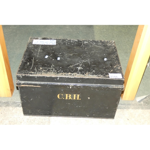 2144 - 1 x vintage black metal box with side handles and a hinged lid marked with the initials CBH (open an... 