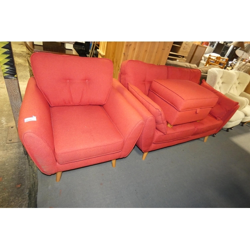 2156 - 1 x red upholstered two person sofa and 1 x matching arm chair