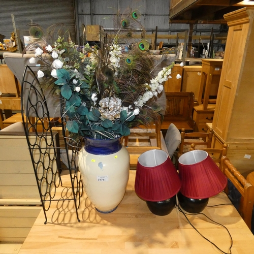 2175 - 2 x table lamps 240v, 1 x vase with artificial flowers and 1 x metal bottle rack