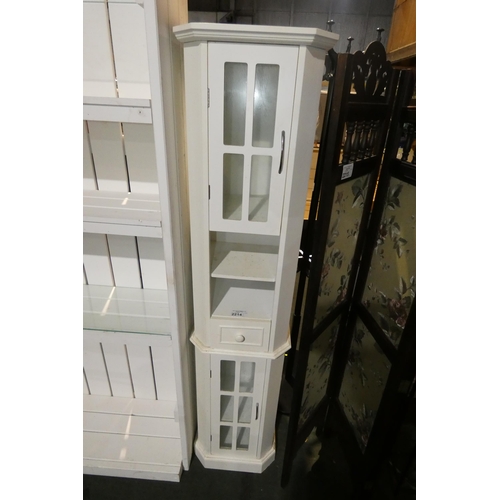 2214 - 1 x tall / thin white cabinet with 2 doors and 1 x drawer approx 41cm w x 175cm high