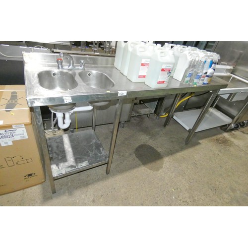 1149 - A commercial stainless steel catering twin sink unit for pass- through dishwasher approx 190x65cm