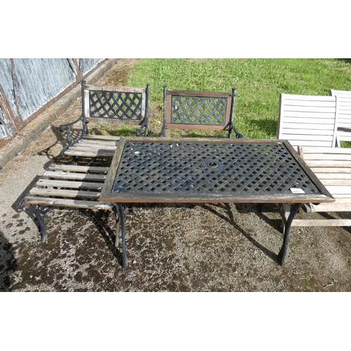 2661 - A decorative metal framed wooden table with 2 matching chairs & a stool