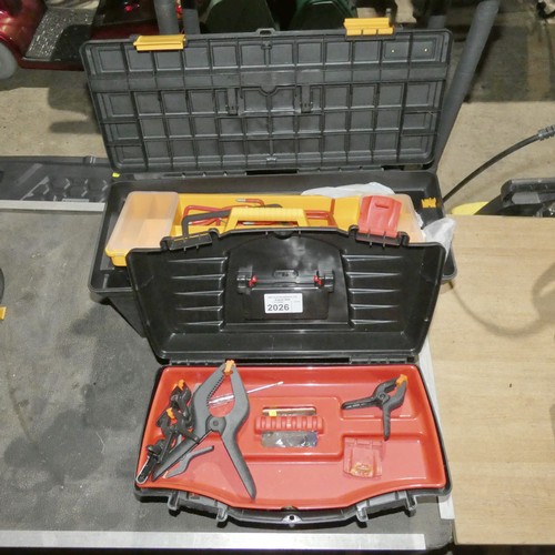 2026 - 2 x black plastic tool boxes containing a quantity of various hand tools. Not practical to list in d... 