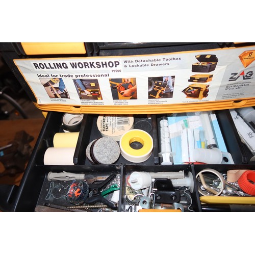 2025 - 1 x rolling workshop tool box containing a quantity of various hand tools, a 240v extension lead etc... 