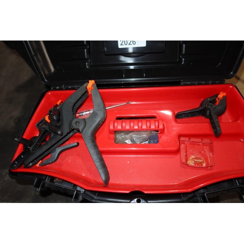 2026 - 2 x black plastic tool boxes containing a quantity of various hand tools. Not practical to list in d... 