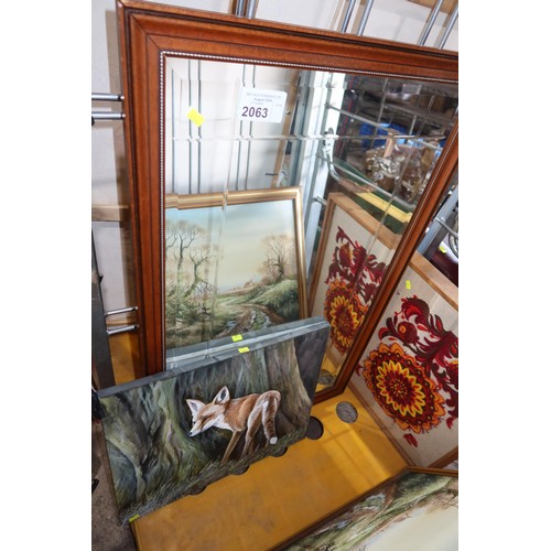 2063 - A quantity of various pictures, prints and a framed mirror. Contents of 1 wheeled cage which is not ... 